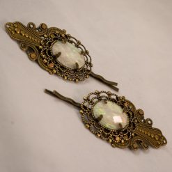brass filigree bobby pins white resin opal