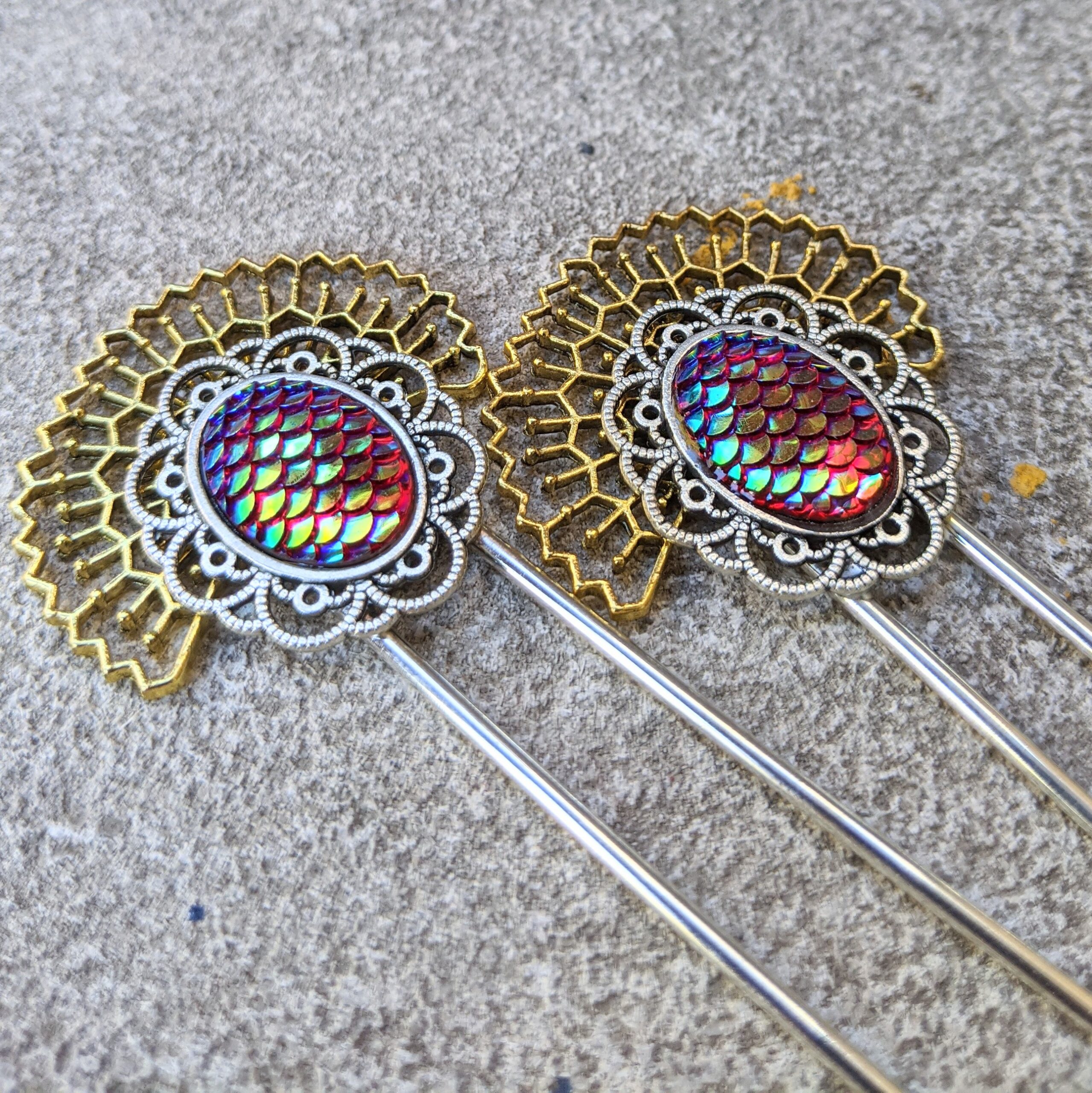 fusion lace hair forks with scale cabochons