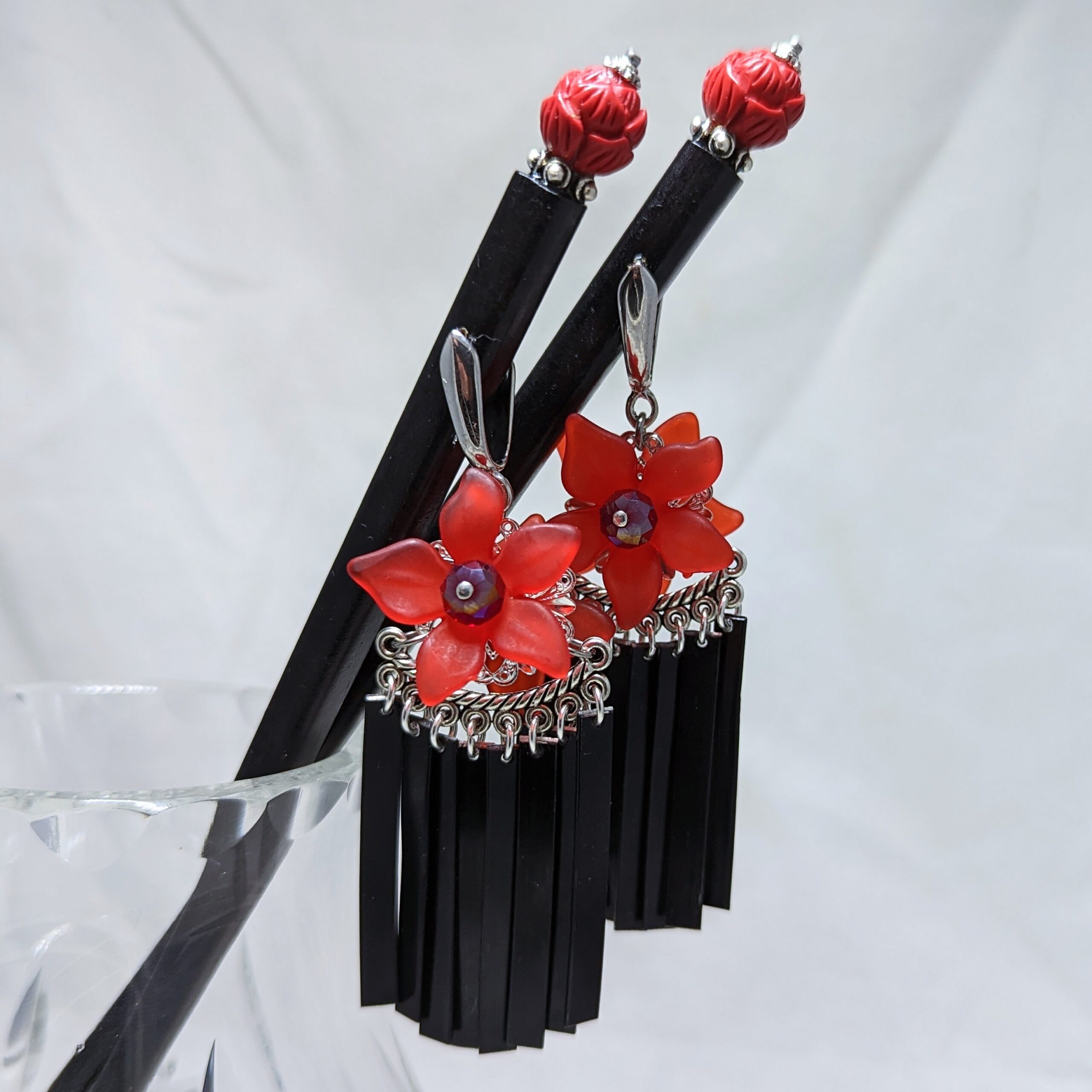 Extra Long Metal Hair Sticks with Red Roses on Black Beads